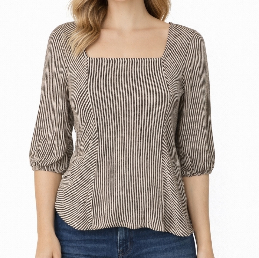 3/$30 W5 Monochrome Striped Square Neckline Seersucker Half Sleeve Blouse